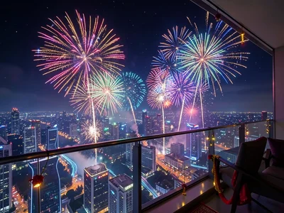 Diwali celebration with holographic fireworks, balcony view, futuristic city bel