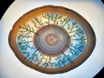 Moss agate translucent slice, green chlorite dendrite inclusions branching like 