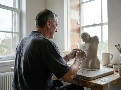 A sculptor working clay with their back to a high north-facing window, their han