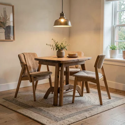 Cozy lifestyle of a hand-knotted rug under a small dining table, low warm pendan