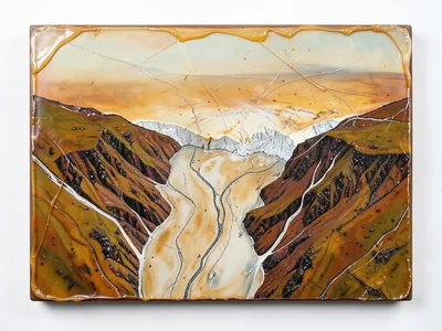 A glacier terminus meeting a fjord with crevasse patterns and meltwater channels