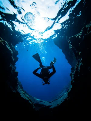 Free diver descending into a deep blue hole, silhouetted against the bright surf