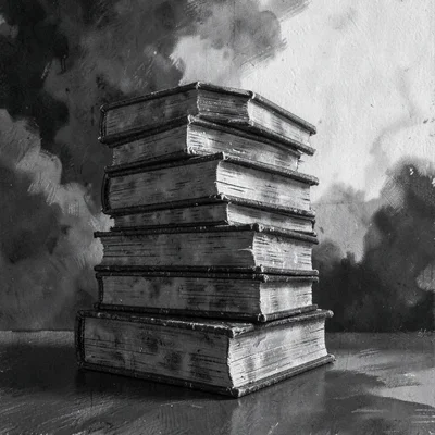 Charcoal sidebar of a stacked tower of books fading into smoky background