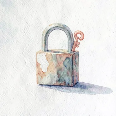 geometric small lock with a small coral arc-shaped key emerging from its body, s