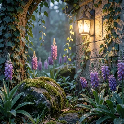 Atmospheric vertical of a wild garden corner at dusk, mossy stone, foxgloves, an