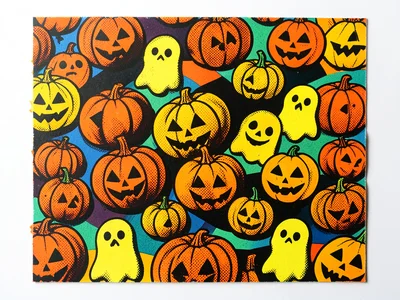 Memphis-style halloween pattern, pumpkins and ghosts in dayglo orange and black