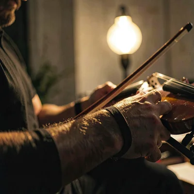 Hands-only lamp-line study of a violinist's bow hand on the strings, warm bulb p