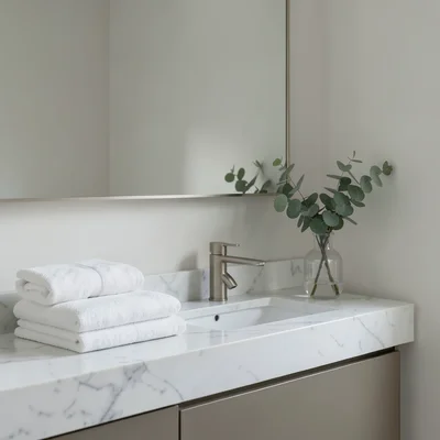 Bathroom vanity with marble counter, fresh towels, and a small vase of eucalyptu