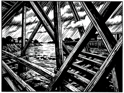 Bridge over a river in a storm, planks and girders as harsh diagonal gouges