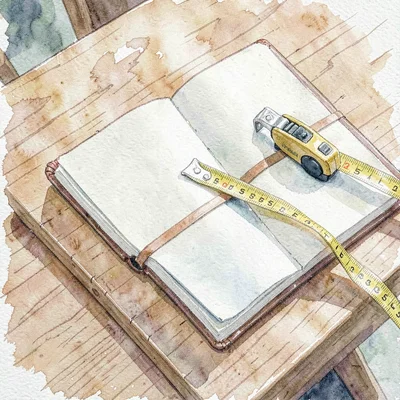 Watercolor of an oak table with an open swatch book and brass tape measure