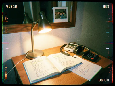A VHS-quality capture of a teenager's desk during homework — textbooks open with