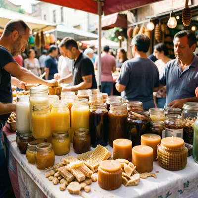 A honey vendor's stall, jars of different colors from pale acacia to dark buckwh