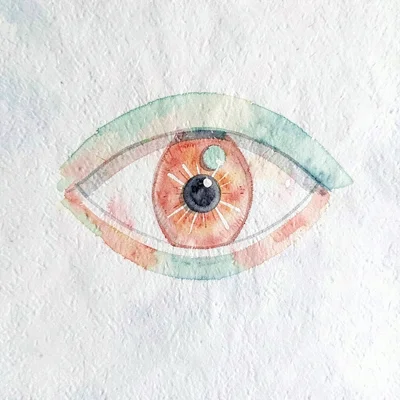 geometric eye-shape opened wide with a coral iris and a small mint dot at the up