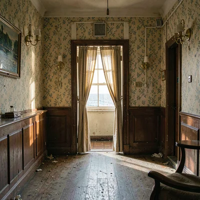 the small lobby of a forgotten seaside hotel, faded wallpaper and brass lamps, l