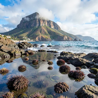 Cape Town mountain-sea duality, Table Mountain backdrop, rock pool at low tide, 