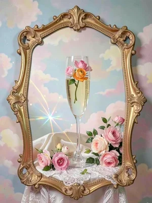 Champagne flute with flower floating inside, crystal catching refracted light on