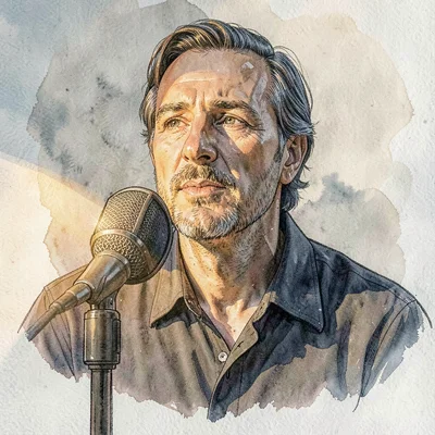 Studio portrait of a poet at a microphone mid-line, lamp glow modeling the face