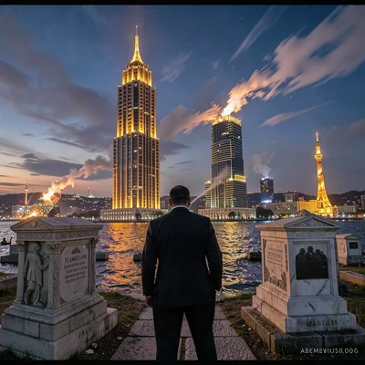 Oil-baron nouveau meeting Flame Tower modernity in windy Baku, night view of ill