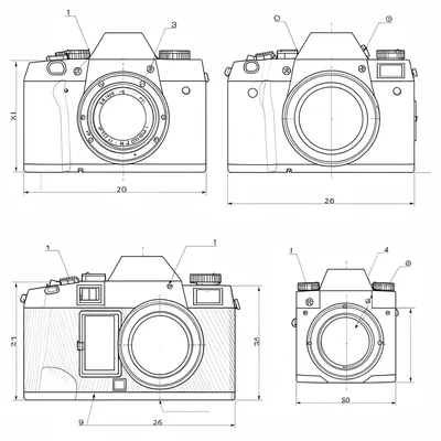 Blueprint-style schematic of a camera body, plan, front, and cutaway, hairline c