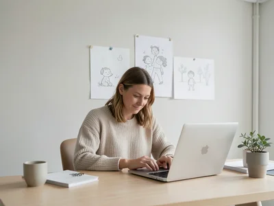 Working mom at desk with child's drawing pinned to wall behind laptop