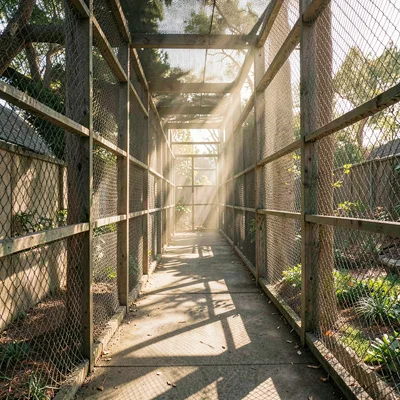 quiet aviary corridor with shafts of light through mesh