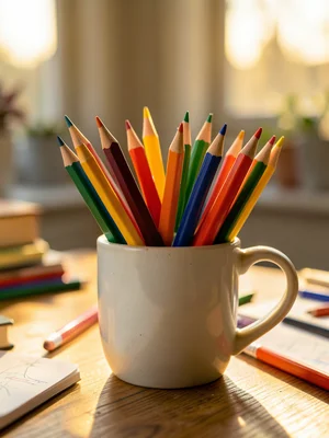 Close-up of freshly sharpened colored pencils in cup, bright colors, desk