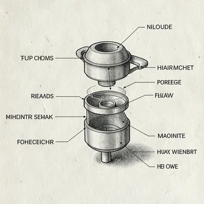 Pen-ink technical-style exploded view of a feeder with hairline labels, no reada