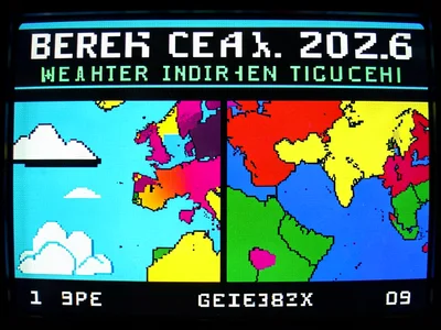 Weather forecast for 2026, teletext style maps, blocky cloud symbols, limited pa