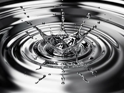 Chrome rain droplets hitting a chrome surface, each impact creating concentric c