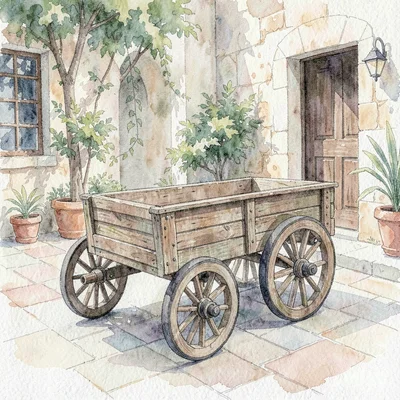watercolor study of a hand-painted wooden cart in a courtyard