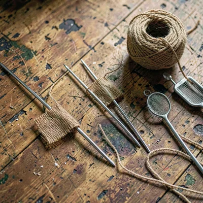Atmospheric overhead of a worn worktop with three netting needles, mesh gauges a