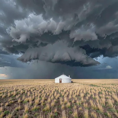Vast horizontal landscape, extreme width composition, One white yurt on golden g