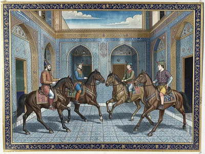 Polo players on horseback in a walled palace courtyard with patterned tile