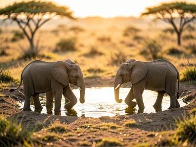 Savanna with tiny elephants at watering hole, tilt-shift, model-like landscape