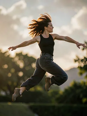 Dancer leaping, light catching hair