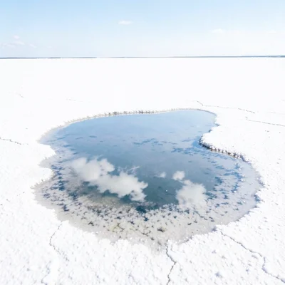 Rain puddle on salt flat surface — a small perfect oval mirror within the larger