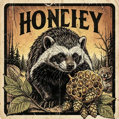 Craft beer label illustration, Honey badger with honeycomb and hops , brewery la