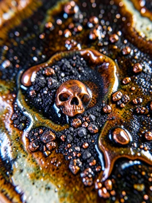 Raku-fired skull with copper reduction, metallic dark surface
