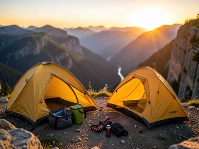 Tent pitched on a cliff edge overlooking a valley, sunset, camping gear arranged