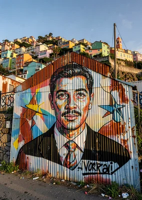 Impossible hill perspectives of Valparaíso, Chile, street art portrait on corrug