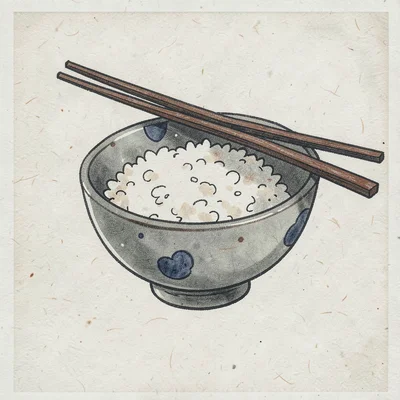 Ceramic bowl of rice with two chopsticks resting across the rim