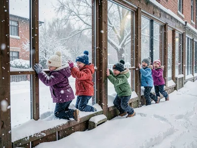 Children rushing to windows, pressing against glass, excitement at snow beginnin