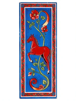 Rosemaling door panel — tall painted border with S-scroll and stylized flower ri