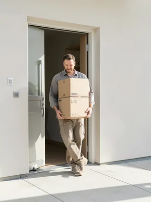 Person carrying stack of donation boxes out front door, sunny day