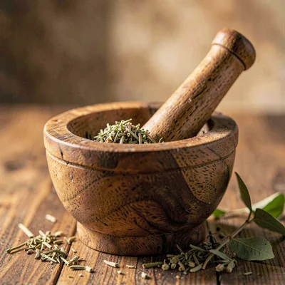 warm still-life of a wooden mortar and pestle with crushed herbs, soft warm ligh