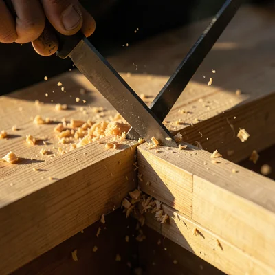 Close-up of chisel cutting a dovetail joint, wood chips scattering