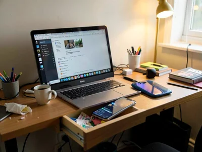 Beautifully organized desk with chaos drawer pulled slightly open