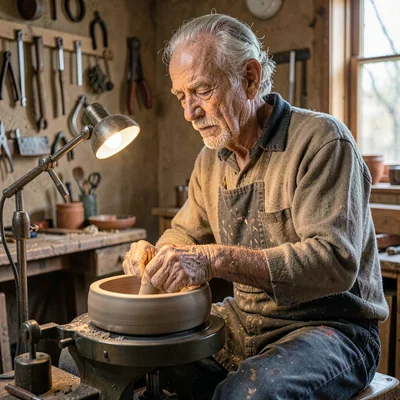 A patient elder Indigenous woodturner in his seventies shaping a bowl on a foot-