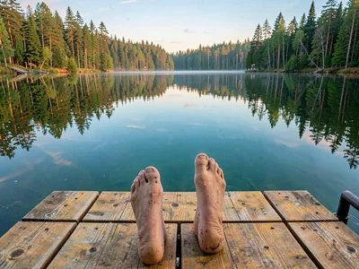 Finnish lake mirror, dead-calm reflection, feet on a wooden sauna bench, the gra