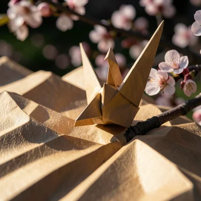 Paper crane sitting on real cherry blossom branch, spring garden